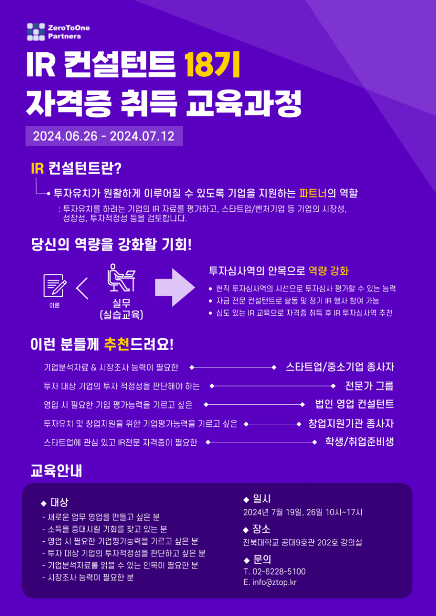 ZeroToOne Partners / IR 컨설턴트 18기 자격증 취득 교육과정 2024.06.26-2024.07.12 / IR 컨설턴트란? / •투자유치가 원활하게 이루어질 수 있도록 기업을 지원하는 파트너의 역할 / 투자유치를 하려는 기업의 IR 자료를 평가하고, 스타트업/벤처기업 등 기업의 시장성, 성장성, 투자적정성 등을 검토합니다. / 당신의 역량을 강화할 기회! / 투자심사역의 안목으로 역량 강화 / •현직 투자심사역의 시선으로 투자심사 평가할 수 있는 능력 •자금 전문 컨설턴트로 활동 및 정기 IR 행사 참여 가능 • 심도 있는 IR 교육으로 자격증 취득 후 IR 투자심사역 추천 / 이런 분들께 추천드려요! / 기업분석자료 &amp; 시장조사 능력이 필요한 스타트업/중소기업 종사자 / 투자 대상 기업의 투자 적정성을 판단해야 하는 전문가 그룹 / 영업 시 필요한 기업 평가능력을 기르고 싶은 법인 영업 컨설턴트 / 투자유치 및 창업지원을 위한 기업평가능력을 기르고 싶은 창업지원기관 종사자 / 스타트업에 관심 있고 IR전문 자격증이 필요한 학생/취업준비생 / 교육안내 / ◆대상 / -새로운 업무 영업을 만들고 싶은 분 -소득을 증대시킬 기회를 찾고 있는 분 - 영업 시 필요한 기업평가능력을 기르고 싶은 분 -투자 대상 기업의 투자적정성을 판단하고 싶은 분 - 기업분석자료를 읽을 수 있는 안목이 필요한 분 -시장조사 능력이 필요한 분 / ◆일시 2024년 7월 19일, 26일 10시~17시 / ◆ 장소 전북대학교 공대9호관 202호 강의실 / ◆문의 T. 02-6228-5100 E. info@ztop.kr