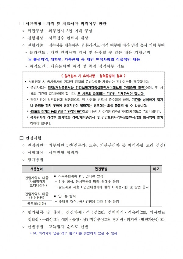 □ 서류전형: 자격 및 제출서류 적격여부 판단 / ᄋ 위원구성 : 외부인사 3인 이내 구성 / ○ 전형대상 : 서류접수 완료자 대상 / ○ 전형기준: 접수서류 제출여부 및 블라인드 적격 여부에 따라 면접 응시 기회 부여 / -블라인드 : 개인 인적사항 암시 및 유추할 수 있는 내용 기재금지 / ※출생지역, 대학명, 가족관계 등 개인 인적사항의 직접적인 내용 / 자격요건: 채용분야별 자격 및 증명 적격여부 검토 / 원서접수 시 유의사항 - 경력증빙의 경우 / 서류전형 시 응시원서에 기재한 경력의 증빙자료를 제출받아 진위여부를 검증합니다. / 증빙자료는 경력/재직증명서와 건강보험자격득실확인서(4대보험 가입증명 확인)이며, 두 서 류의 기간이 일치하여야 합니다. 두 서류의 중복되는 기간만 기재하셔야 합니다. / *경력기간이 적격결정에 적용됨으로 위 사항을 반드시 준수해야 하며, 기간을 상이하게 적거 나 증빙을 하지 못하여 경력기간이 달라지는 경우에는 최종 불합격 될 수 있습니다. / * 4대보험 미가입 등의 경력은 인정이 불가하오니 응시 시 이러한 경력을 기재하지 않도록 주의 바랍니다. *응시원서에 작성한 회사명과 경력/재직증명서 및 건강보험자격득실확인서상의 회사명이 일치 하여야 합니다. / □면접시험 / ᄋ 면접위원: 외부위원 5인(전문가, 교수, 기관관리자 등 제척사항 고려 선정) / ᄋ 시험대상 : 서류전형 합격자 / ○평가방법 / 채용분야, 면접방법, 비고 목록 / 전임계약직 다급 (사회적경제코디네이터), ᆞ직무수행계획 PT, 인터뷰 방식 -1:3 형식, 응시인원에 따라 초대 운영 -발표자료 제출: 면접대상자에 한하여 제출기한 및 방법 공지 / 전임계약직 마급 (전산담당), ᆞ인터뷰 방식 -다대다 형식, 응시인원에 따라 1:다 운영 / 공무직(미화) / ᄋ 평가항목 및 배점: 정신자세. 적극성(20), 경제지식. 적용력(20), 의사발표 정확성, 논리성(20), 예의. 품행·성인지감수성(20), 창의력 의지력 · 발전가능성(20) / ᄋ 선발방법 : 고득점자 순으로 선발 / * 단, 적격자가 없을 경우 합격자를 선발하지 않을 수 있음