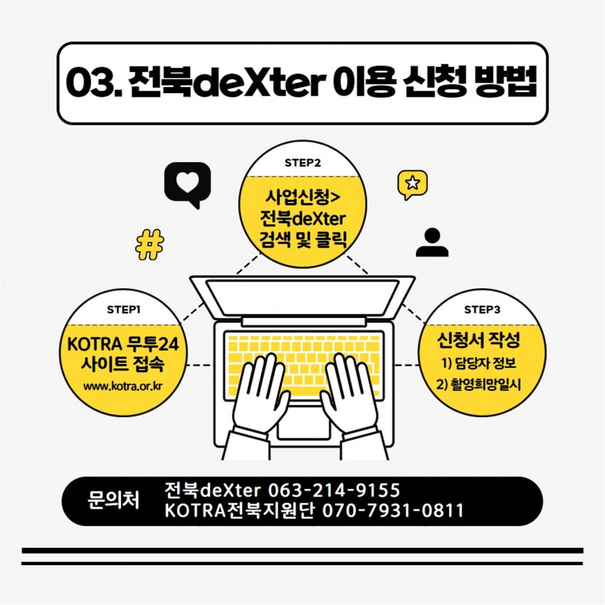 03. 전북deXter 이용신청 방법 / STEPI KOTRA 무투24 사이트 접속 www.kotra.or.kr / STEP2 사업신청 - 전북deXter 검색 및 클릭 / STEP3 신청서 작성 1 담당자 정보 2 촬영희망일시 / 문의처 전북deXter 063-214-9155 KOTRA전북지원단 070-7931-0811