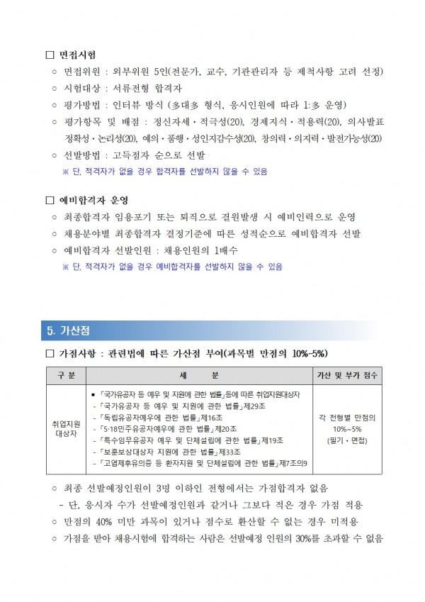 □ 면접시험 / ○ 면접일시: 2024. 09. 10.(화) 09:00~ / - 면접시간: 10분 이내 / - 면접장소: 전북특별자치도 경제통상진흥원 / - 면접방법: 화상면접(온라인) / - 면접위원: 외부위원 5인(전문가, 교수, 기관관리자 등 제척사항 고려 선정) / - 시험대상: 서류전형 합격자 / - 평가방법: 인터뷰 방식 (多대多 형식, 응시인원에 따라 1:多 운영) / - 평가항목 및 배점: 정신자세. 적극성(20), 경제지식. 적용력(20), 의사발표 정확성 논리성(20), 예의. 품행·성인지감수성(20), 창의력 · 의지력 · 발전가능성(20) / ○ 선발방법 : 고득점자 순으로 선발 / ※ 단, 적격자가 없을 경우 합격자를 선발하지 않을 수 있음 / □ 예비합격자 운영 / ○ 최종합격자 임용포기 또는 퇴직으로 결원발생 시 예비인력으로 운영 / ○ 채용분야별 최종합격자 결정기준에 따른 성적순으로 예비합격자 선발 ᄋ 예비합격자 선발인원: 채용인원의 1배수 / ※단, 적격자가 없을 경우 예비합격자를 선발하지 않을 수 있음 / 5. 가산점 / □가점사항: 관련법에 따른 가산점 부여(과목별 만점의 10%~5%) / 구분 / 세 / 분 / 가산 및 부가 점수 / - / 「독립유공자예우에 관한 법률」 제16조 / 취업지원 / 대상자 / 「국가유공자 등 예우 및 지원에 관한 법률」등에 따른 취업지원대상자 / 「국가유공자 등 예우 및 지원에 관한 법률」제29조 / 5·18민주유공자예우에 관한 법률」 제20조 / 각 전형별 만점의 / - / 특수임무유공자 예우 및 단체설립에 관한 법률」 제19조 / - / ・「보훈보상대상자 지원에 관한 법률」 제33조 / 「고엽제후유의증 등 환자지원 및 단체설립에 관한 법률」제7조의9 / ○ 최종 선발예정인원이 3명 이하인 전형에서는 가점합격자 없음 / 10%-5% / (필기·면접) / -단, 응시자 수가 선발예정인원과 같거나 그보다 적은 경우 가점 적용 ᄋ 만점의 40% 미만 과목이 있거나 점수로 환산할 수 없는 경우 미적용 / ᄋ 가점을 받아 채용시험에 합격하는 사람은 선발예정 인원의 30%를 초과할 수 없음