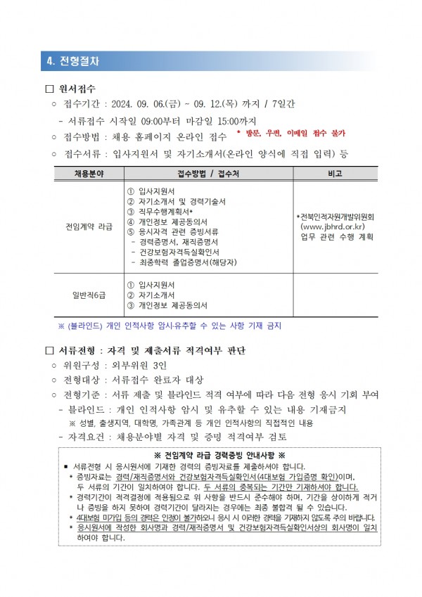 4. 전형절차 / □ 원서접수 / ○ 접수기간 : 2024. 09. 06.(금) ~ 09. 12.(목)까지/ 7일간 / - 서류접수 시작일 09:00부터 마감일 15:00까지 / ᄋ 접수방법 : 채용 홈페이지 온라인 접수 방문, 우편, 이메일 접수 불가 / ᄋ 접수서류 : 입사지원서 및 자기소개서(온라인 양식에 직접 입력) 등 / 채용분야,접수방법/ 접수처 / 제한경쟁(전임계약 라급),1. 입사지원서, 2. 자기소개서 및 경력기술서, 3. 직무수행계획서, 4. 개인정보 제공동의서, 5. 응시자격 관련 증빙서류, - 경력증명서, 재직증명서, *전북인적자원개발위원회(www.jbhrd.or.kr) / 일반경쟁(일반직 6급),1. 입사지원서, 2. 자기소개서, 3. 개인정보 제공동의서, ※(블라인드) 개인 인적사항 암사·유추할 수 있는 사항 기재 금지 / □ 서류전형 : 자격 및 제출서류 적격여부 판단 / ᄋ 위원구성 : 외부위원 3인 / ○ 전형대상 : 서류접수 완료자 대상 / ○ 전형기준: 서류 제출 및 블라인드 적격 여부에 따라 다음 전형 응시 기회 부여 / -블라인드 : 개인 인적사항 암시 및 유추할 수 있는 내용 기재금지 / ※ 성별, 출생지역, 대학명, 가족관계 등 개인 인적사항의 직접적인 내용 / ・자격요건: 채용분야별 자격 및 증명 적격여부 검토 / ※전임계약 라급 경력증빙 안내사항 ※ / ■ 서류전형 시 응시원서에 기재한 경력의 증빙자료를 제출하셔야 합니다. / + 증빙자료는 경력/재직증명서와 건강보험자격득실확인서(4대보험 가입증명 확인)이며, 두 서류의 기간이 일치하여야 합니다. 두 서류의 중복되는 기간만 기재하셔야 합니다. *경력기간이 적격결정에 적용됨으로 위 사항을 반드시 준수해야 하며, 기간을 상이하게 적거 나 증빙을 하지 못하여 경력기간이 달라지는 경우에는 최종 불합격 될 수 있습니다. / * 4대보험 미가입 등의 경력은 인정이 불가하오니 응시 시 이러한 경력을 기재하지 않도록 주의 바랍니다. / + 응시원서에 작성한 회사명과 경력/재직증명서 및 건강보험자격득실확인서상의 회사명이 일치 하여야 합니다.